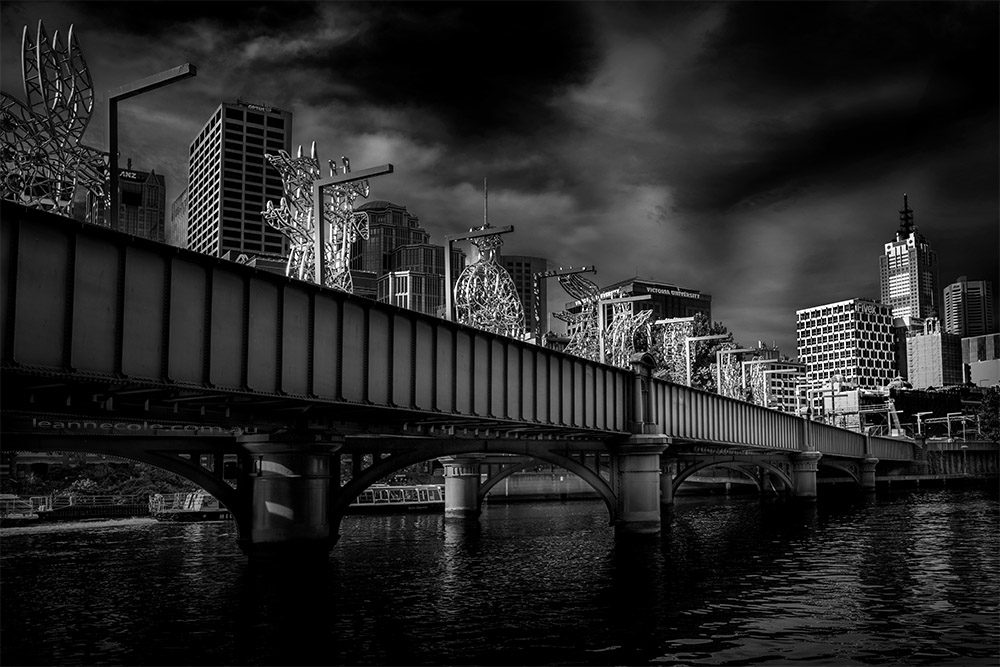 cityscape-clouds-bridge-melbourne-monochrome