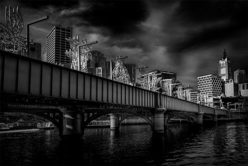 cityscape-clouds-bridge-melbourne-monochrome